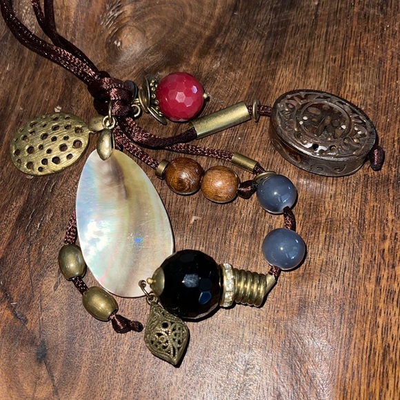 Moon C Paris Artisan Gem Crystal Mother of Pearl Wood Bead Silk Cord Necklace - Picture 1 of 8